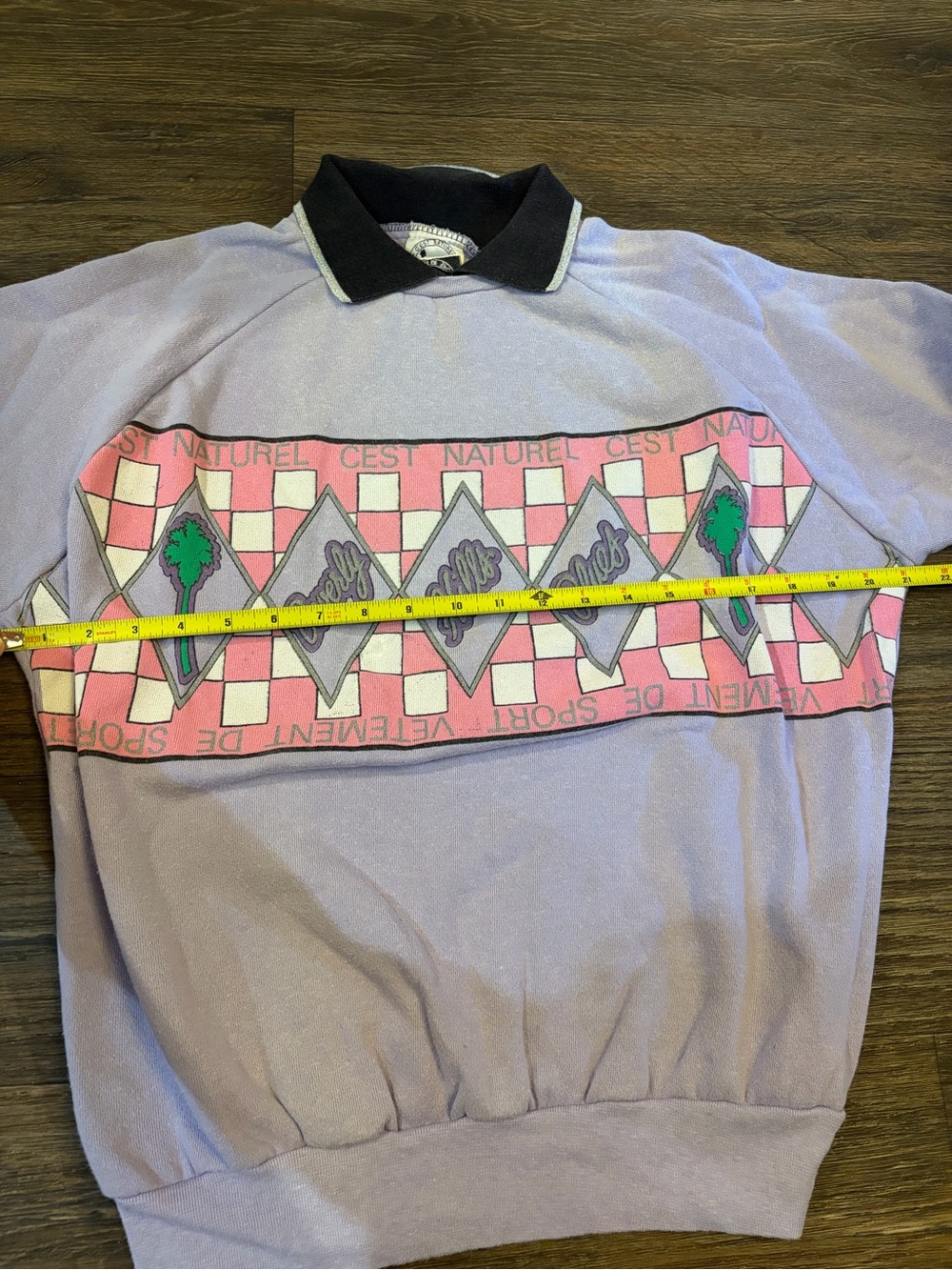 80s Women’s Pastel Palm Tree Collared Beverly Hills Club Lavendar Crewneck - Picture 6 of 8